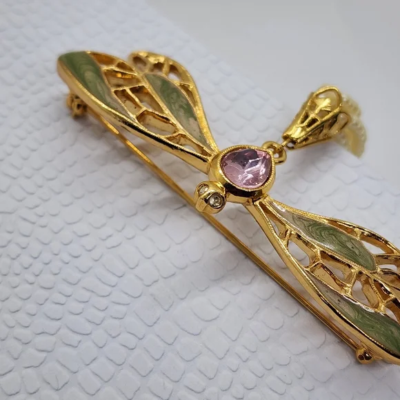 Avon Dragon Fly Gold & Faux Pearl Brooch Pendant - Picture 15 of 17